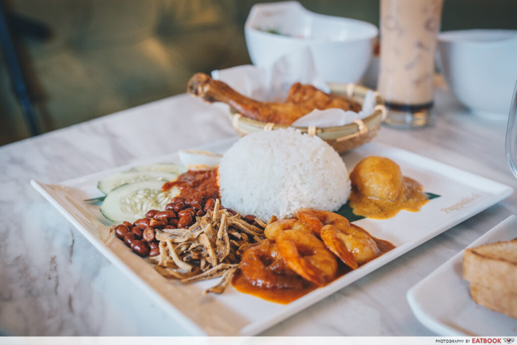 papparich nasi lemak with fried chicken and sambal prawns