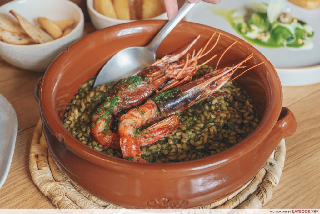 Olivia Restaurant And Lounge Black Rice with Grilled Mediterranean Red Prawn