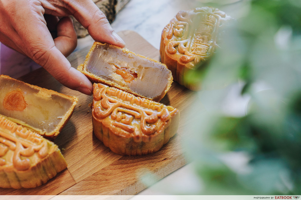 Close up shot of low-sugar mooncake filling with single yolk