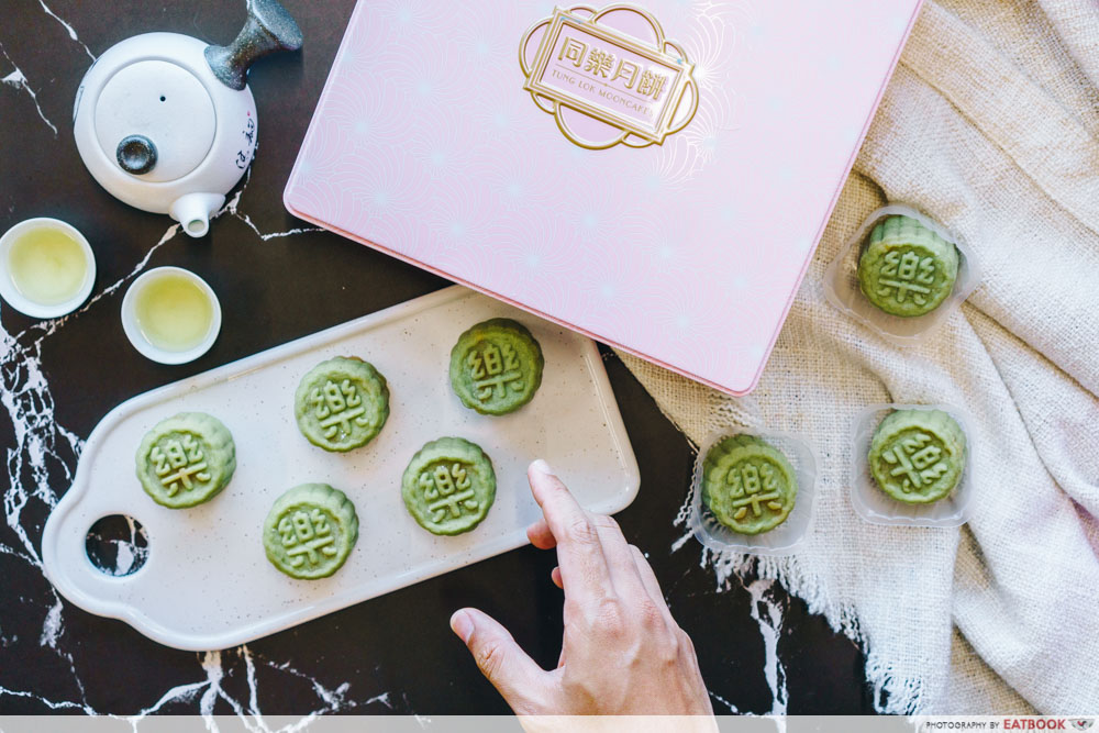 Flatlay of green snowskin mooncake