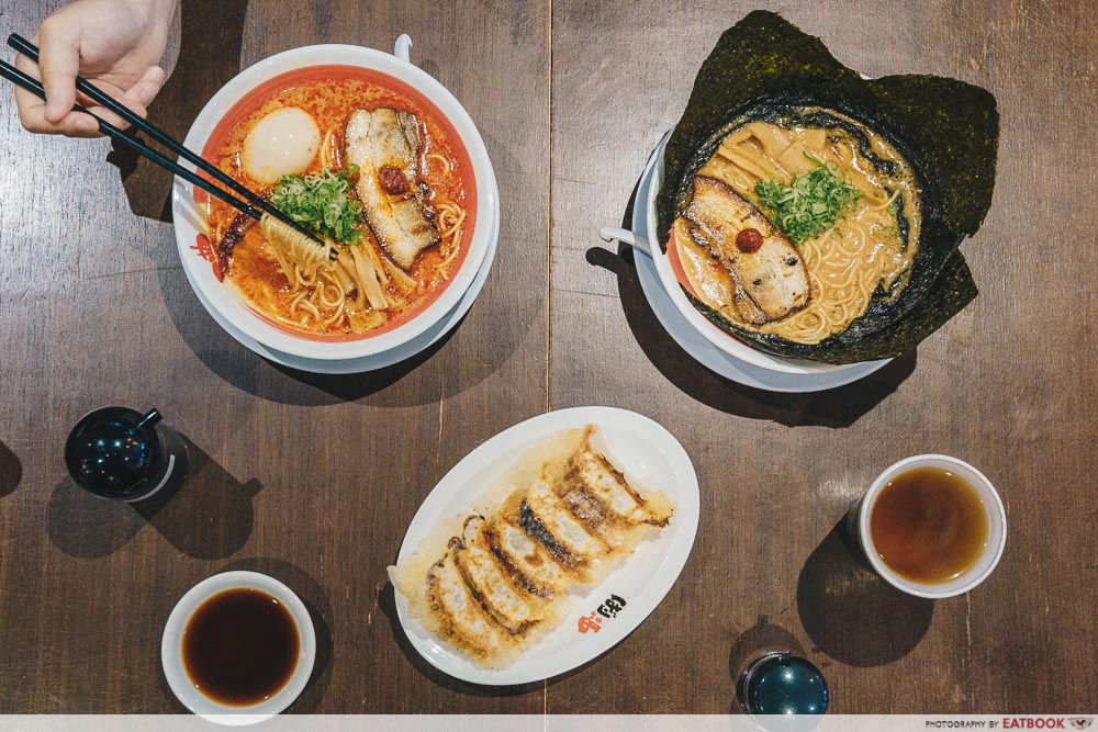 Flatlay comprising ramen and gyoza