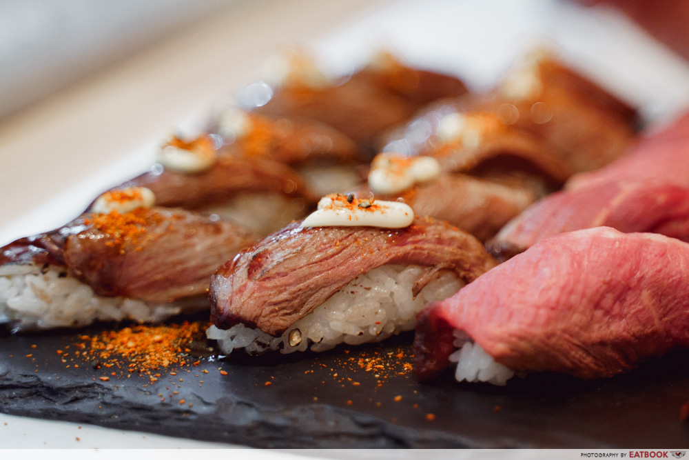 Beef sushii on a platter