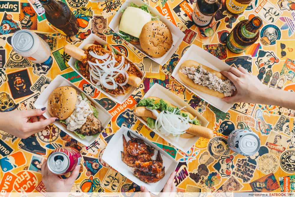 flatlay of burgers and hotdog