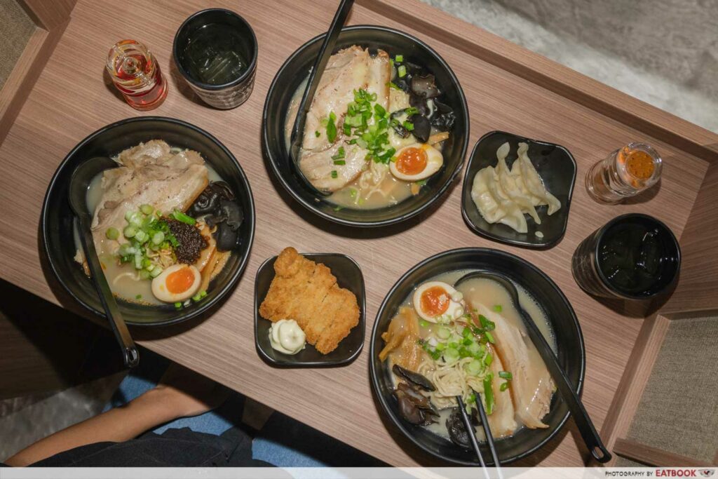 Flatlay of three ramen