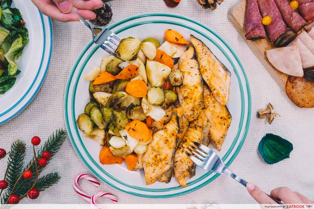 LAVISH Catering - Atlantic salmon, brussel sprouts, and carrots