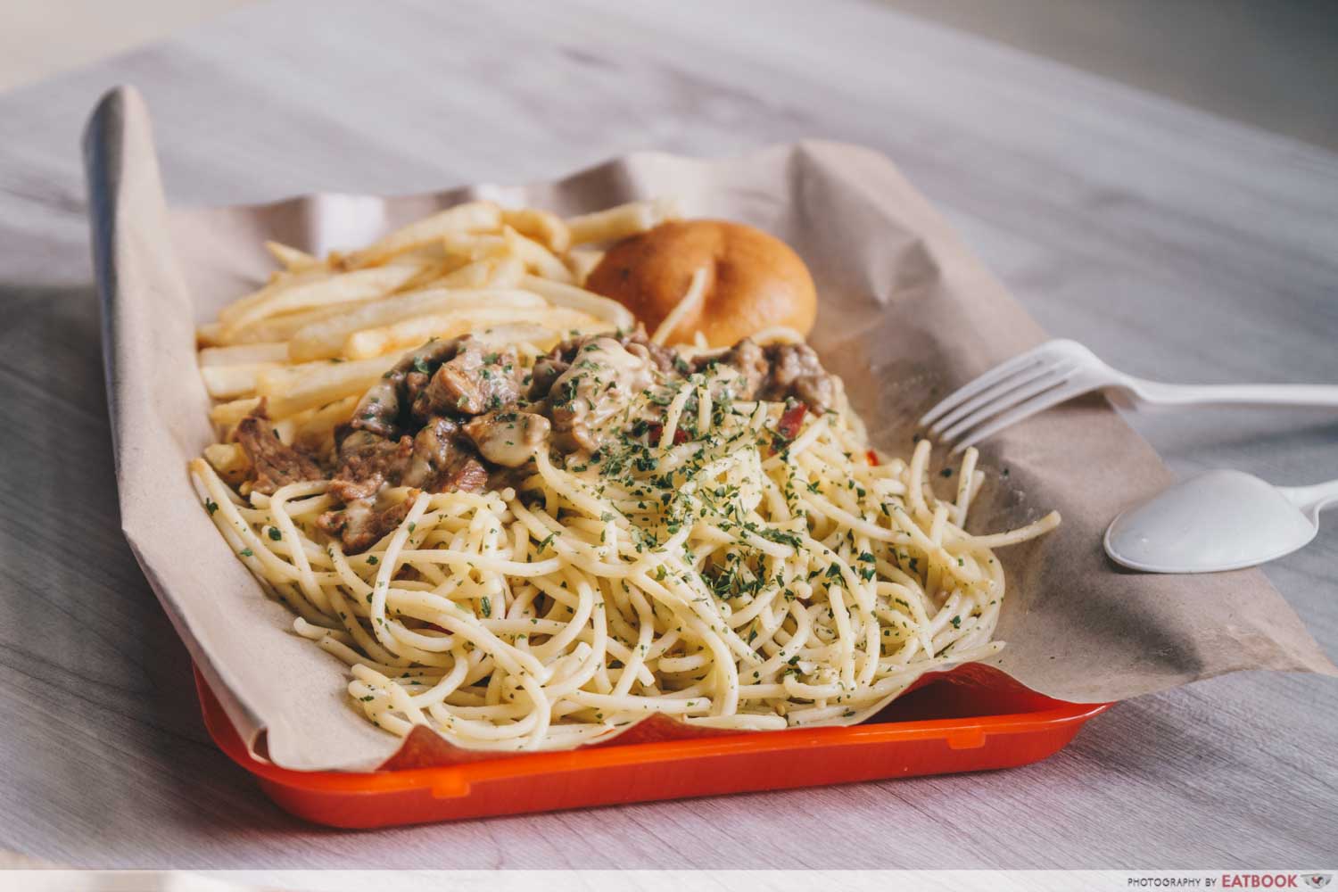 Close-up of Cheesy Beef Steak Pasta