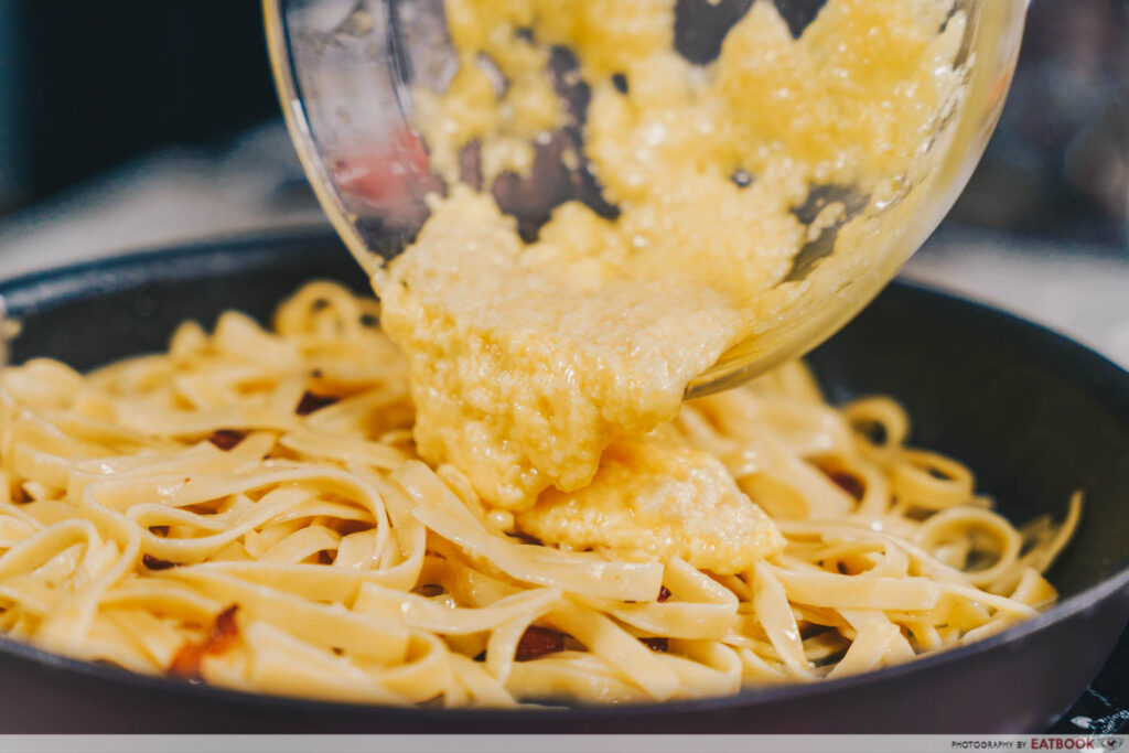 One-Pan Sriracha Pasta egg cheese sauce