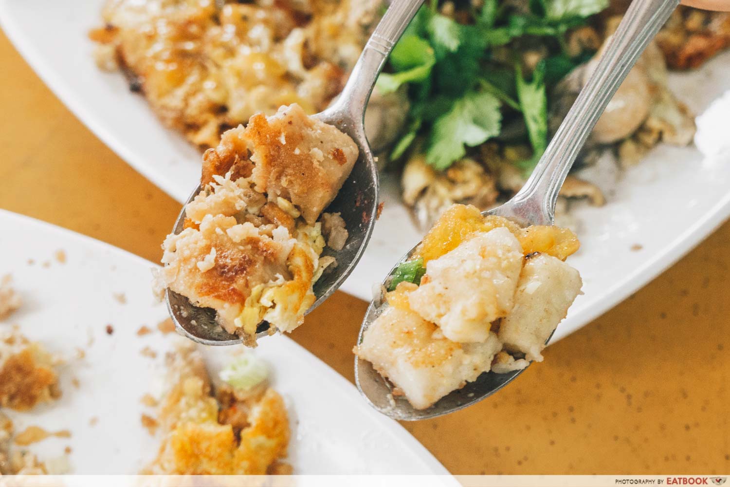 Limpeh - spoon of yam cake and spoon of carrot cake