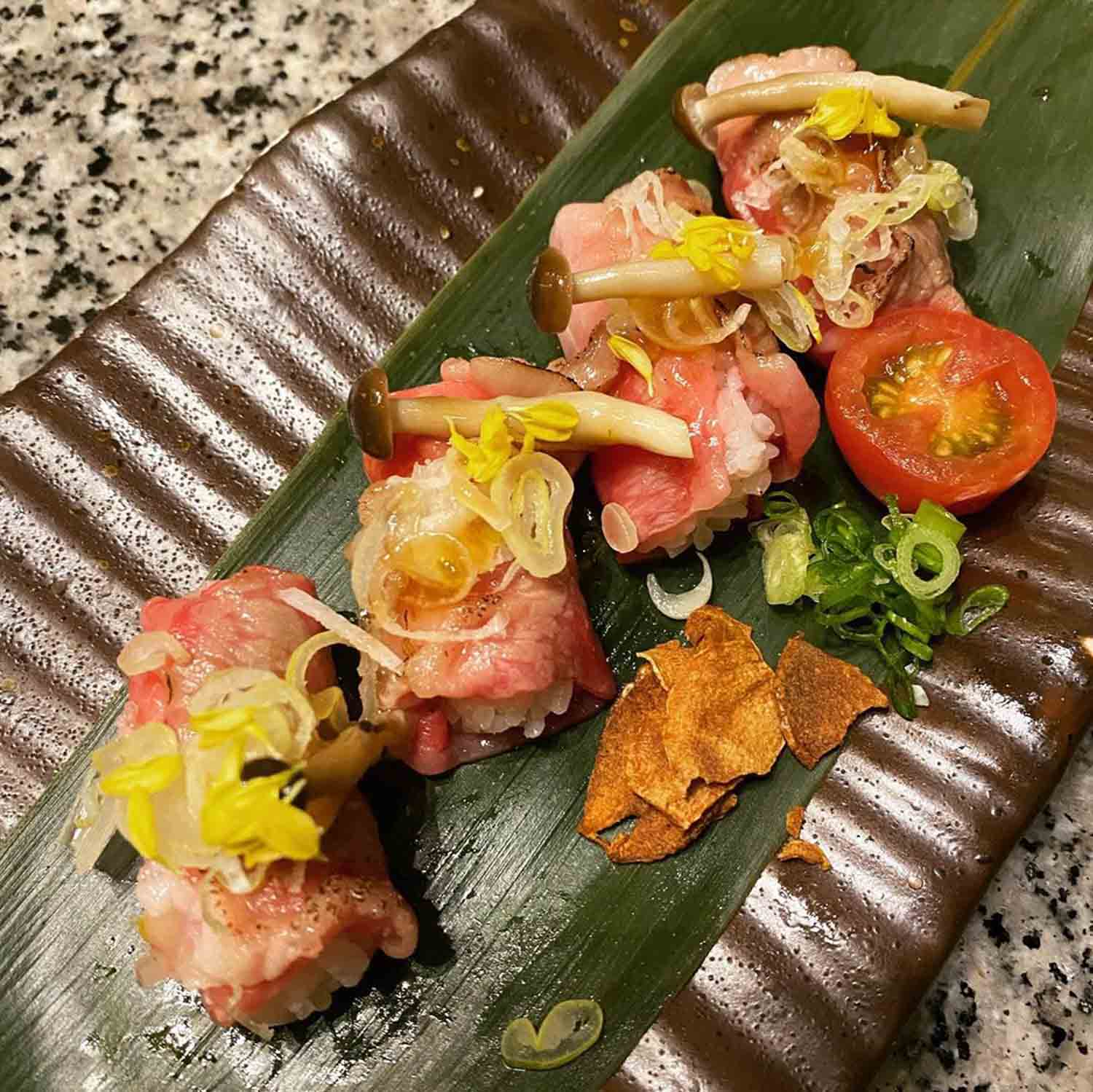 itacho sushi 1-for-1 - roasted kagoshima wagyu beef with garlic