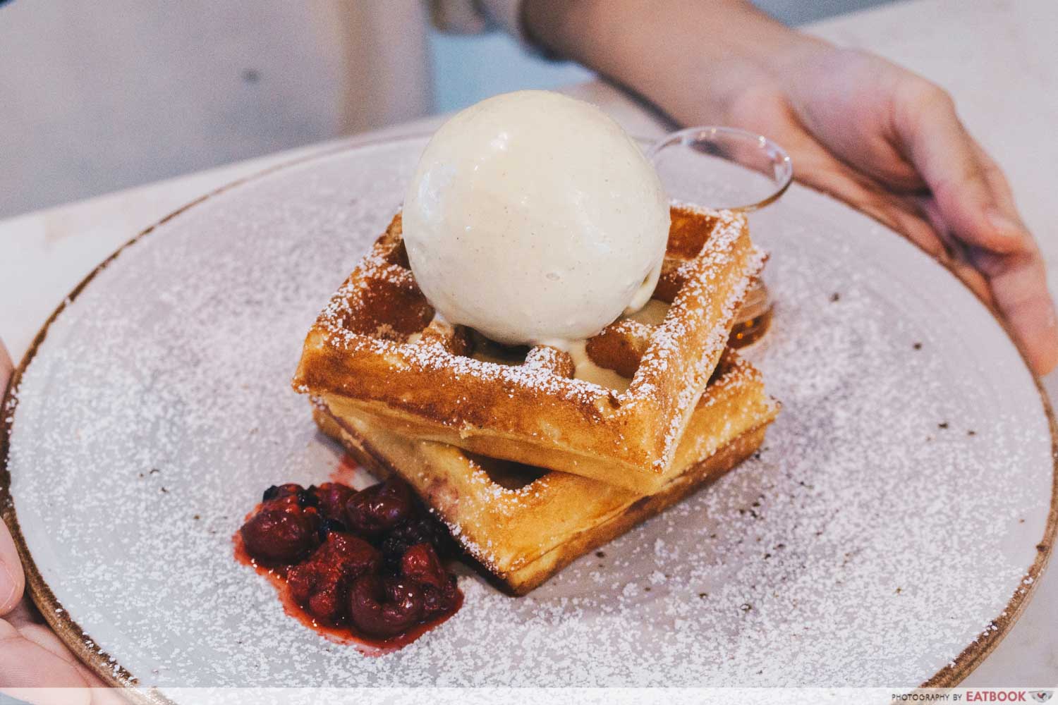 Signature Waffles with Roasted Pistachio and Maple Syrup