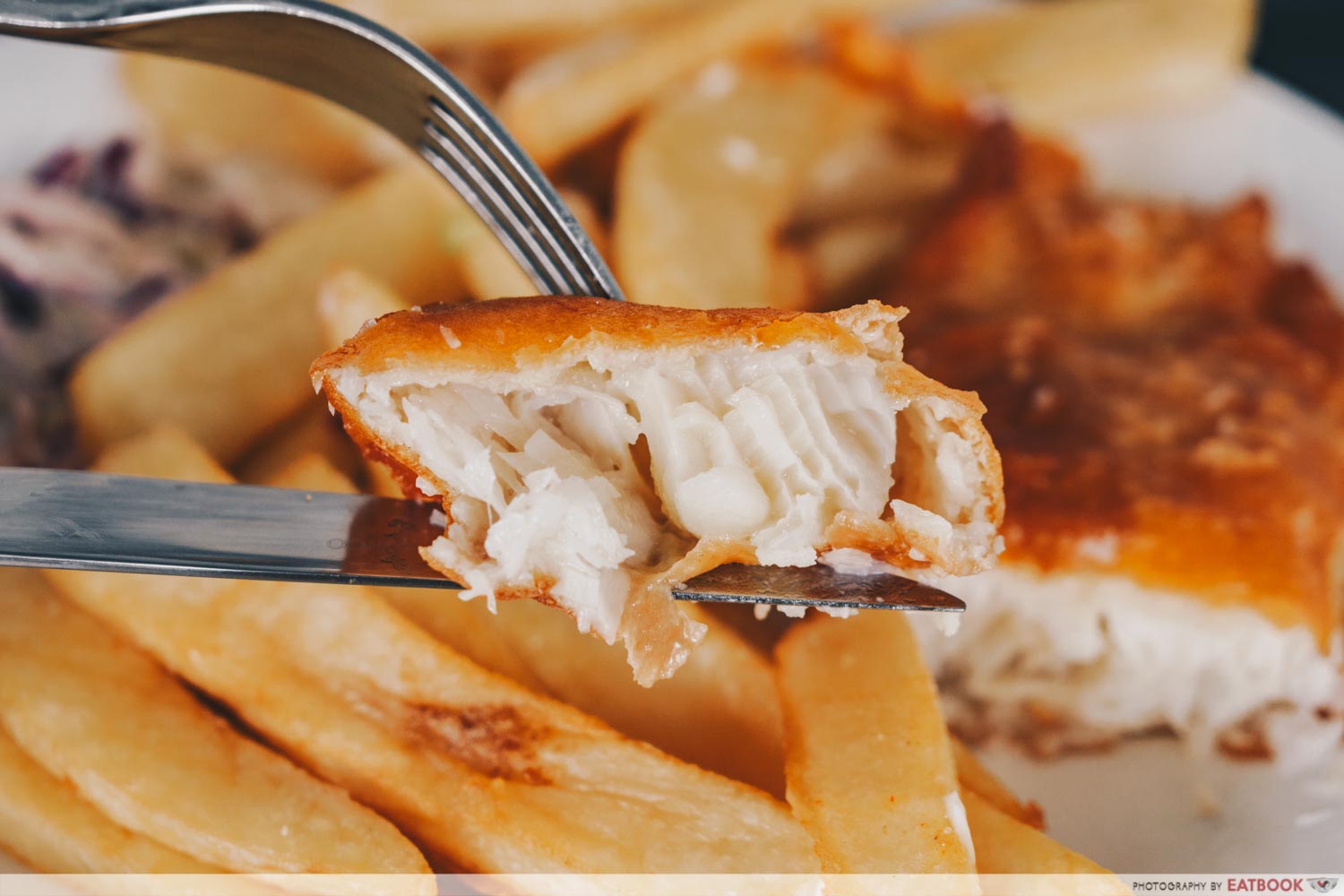 JOMO - beer battered fish and chips close up