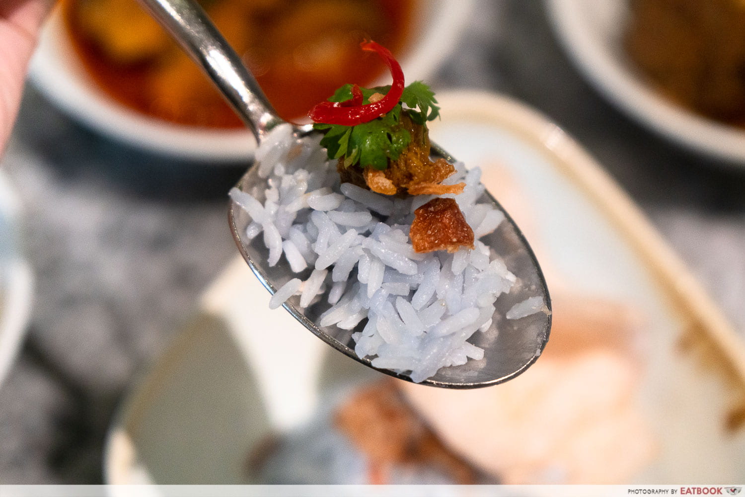 butterfly blue pea coconut rice with beef rendang 