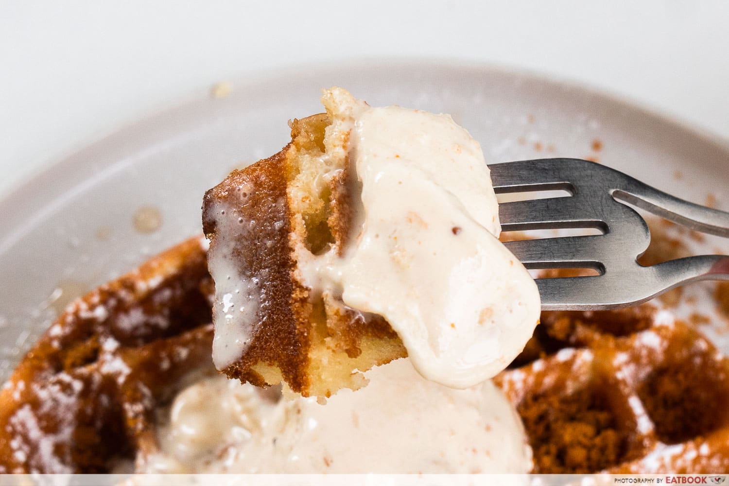 around cafe - close up of ice cream and waffles