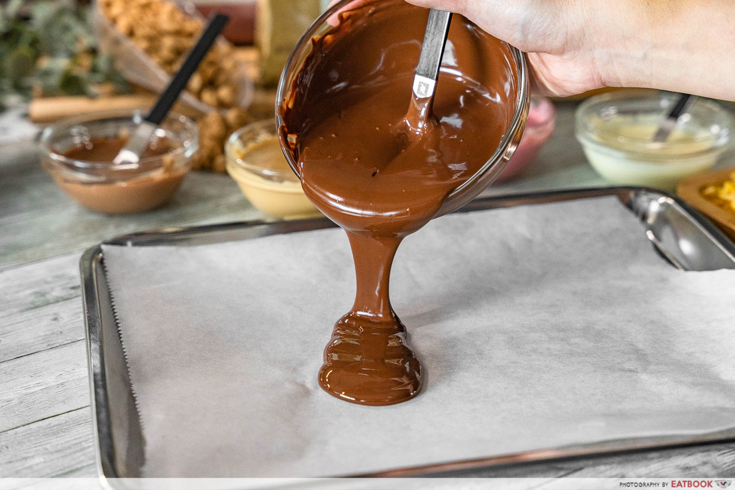 callebaut easy chocolate desserts - pouring callebaut 811 chocolate bark