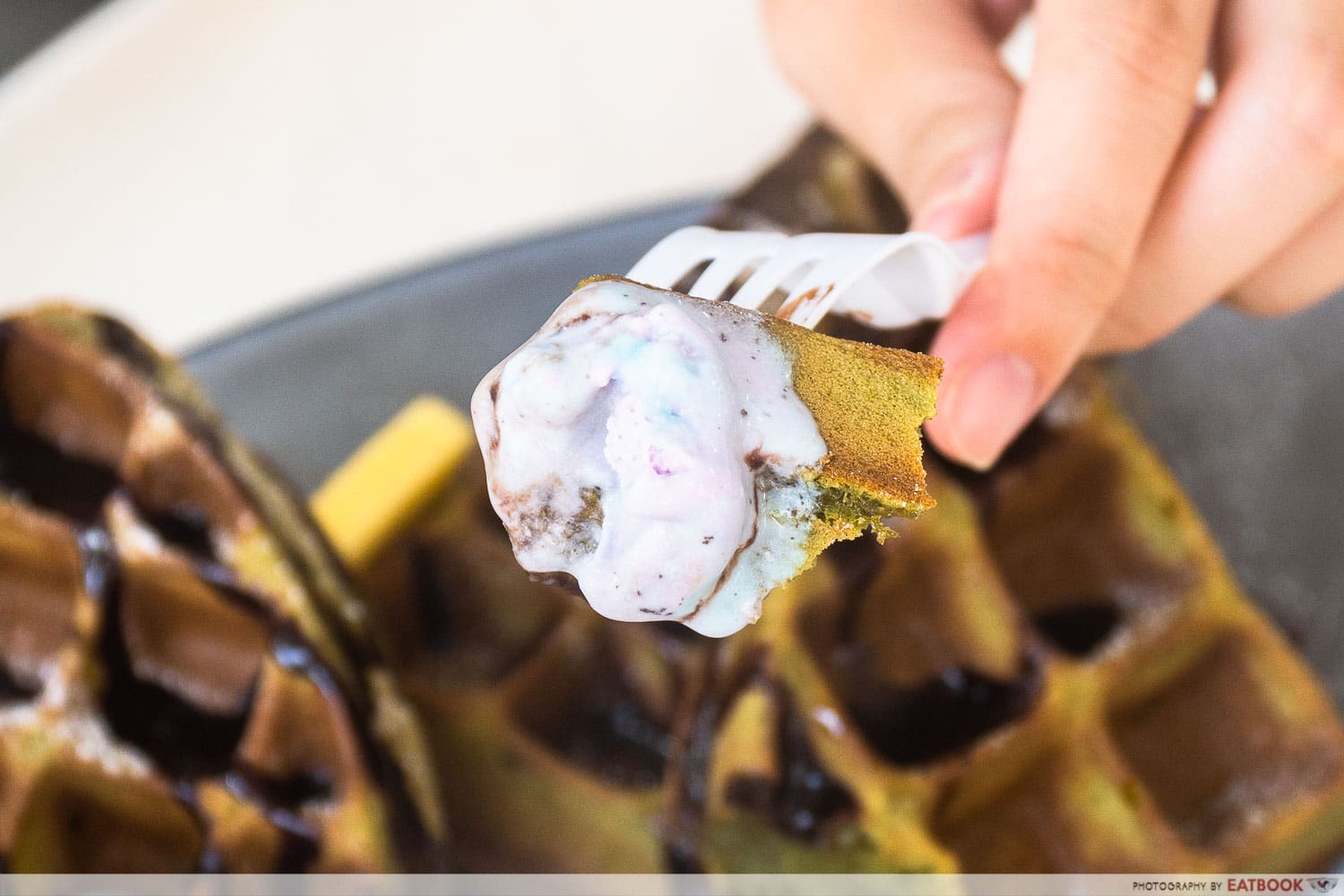 close up of ice cream and waffles