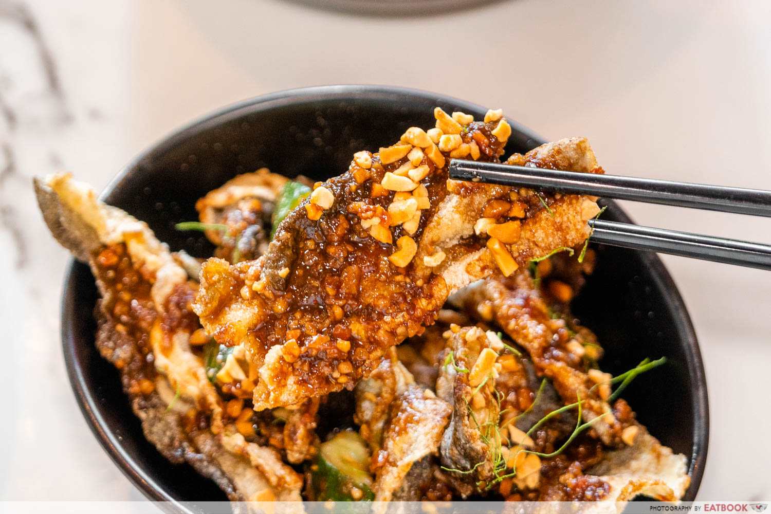 tipsy panda crispy fish skin with rojak dressing detail