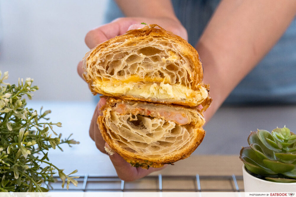 sourbombe mix viennoisserie - prawn toast mentaiko baked croissant, jacket baked potato croissant