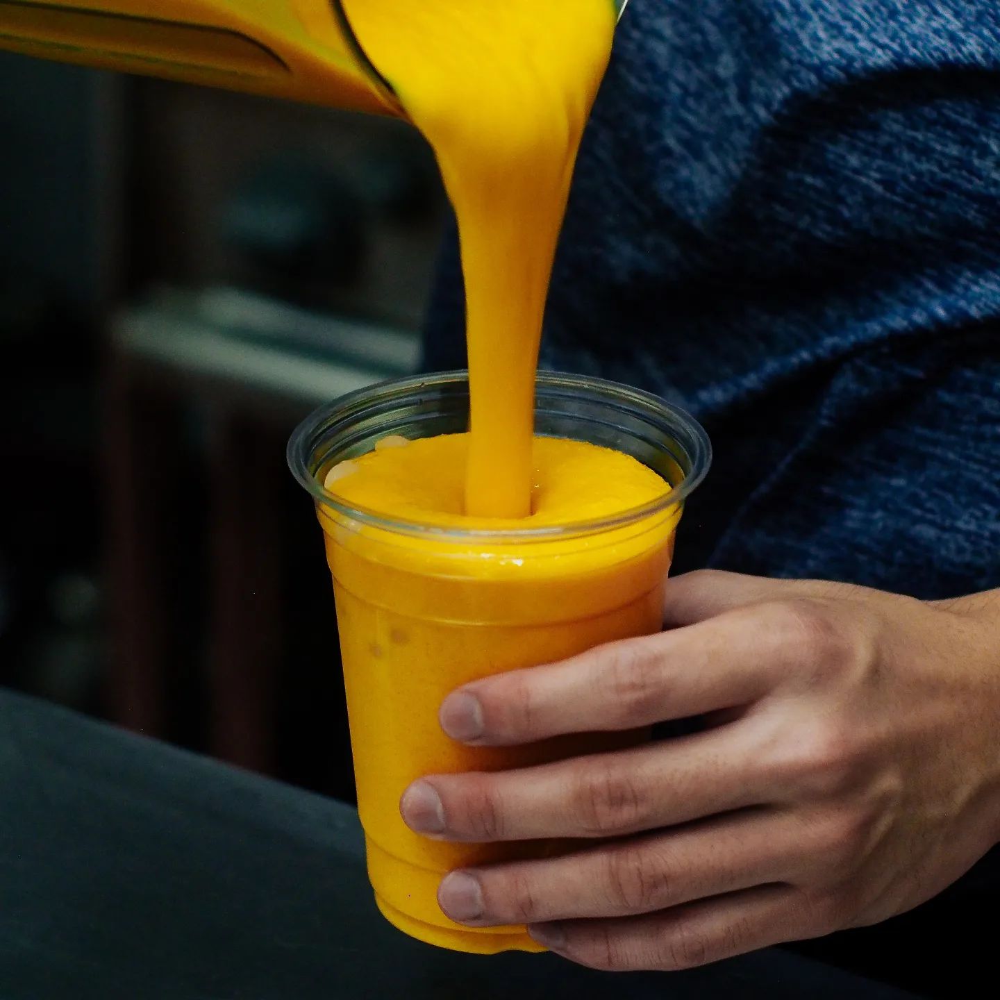 mervyns madeleines mango smoothie pouring shot