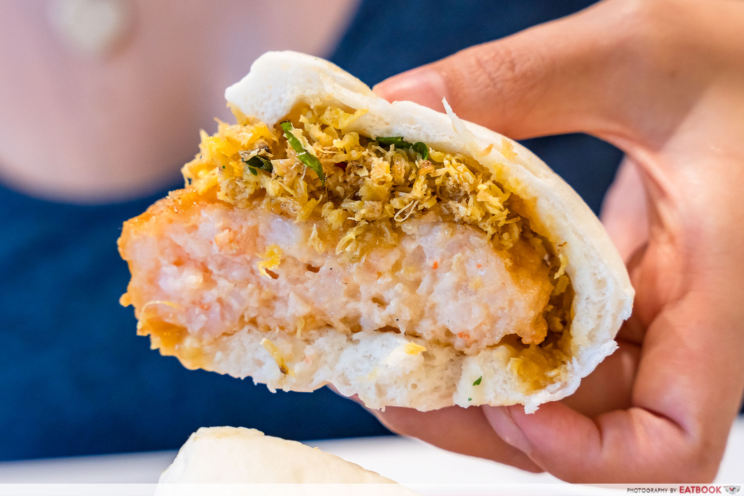 abundance jalan besar - salted egg prawn gua bao cross section