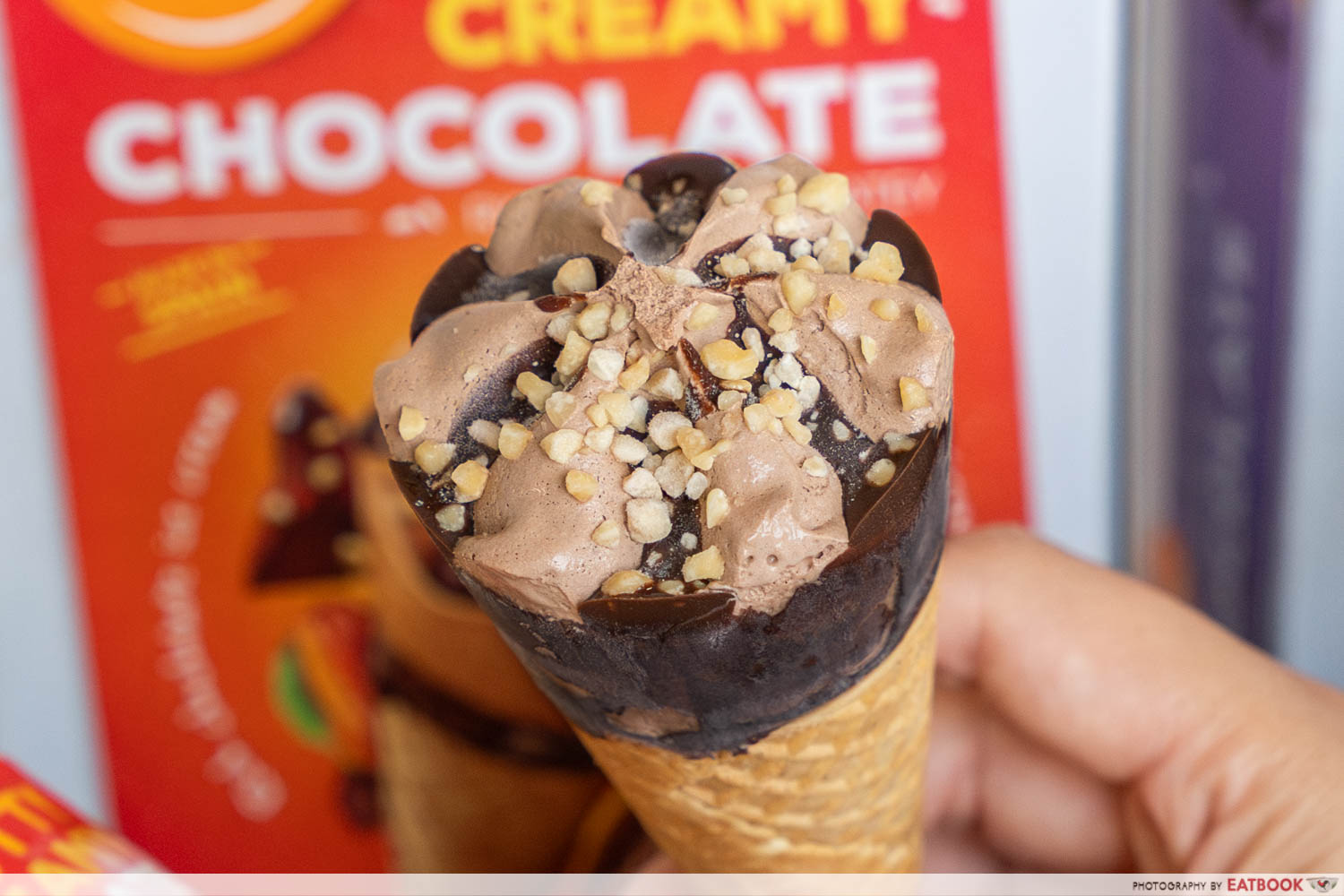 harvest fields ice cream - nutty creamy chocolate cone detail