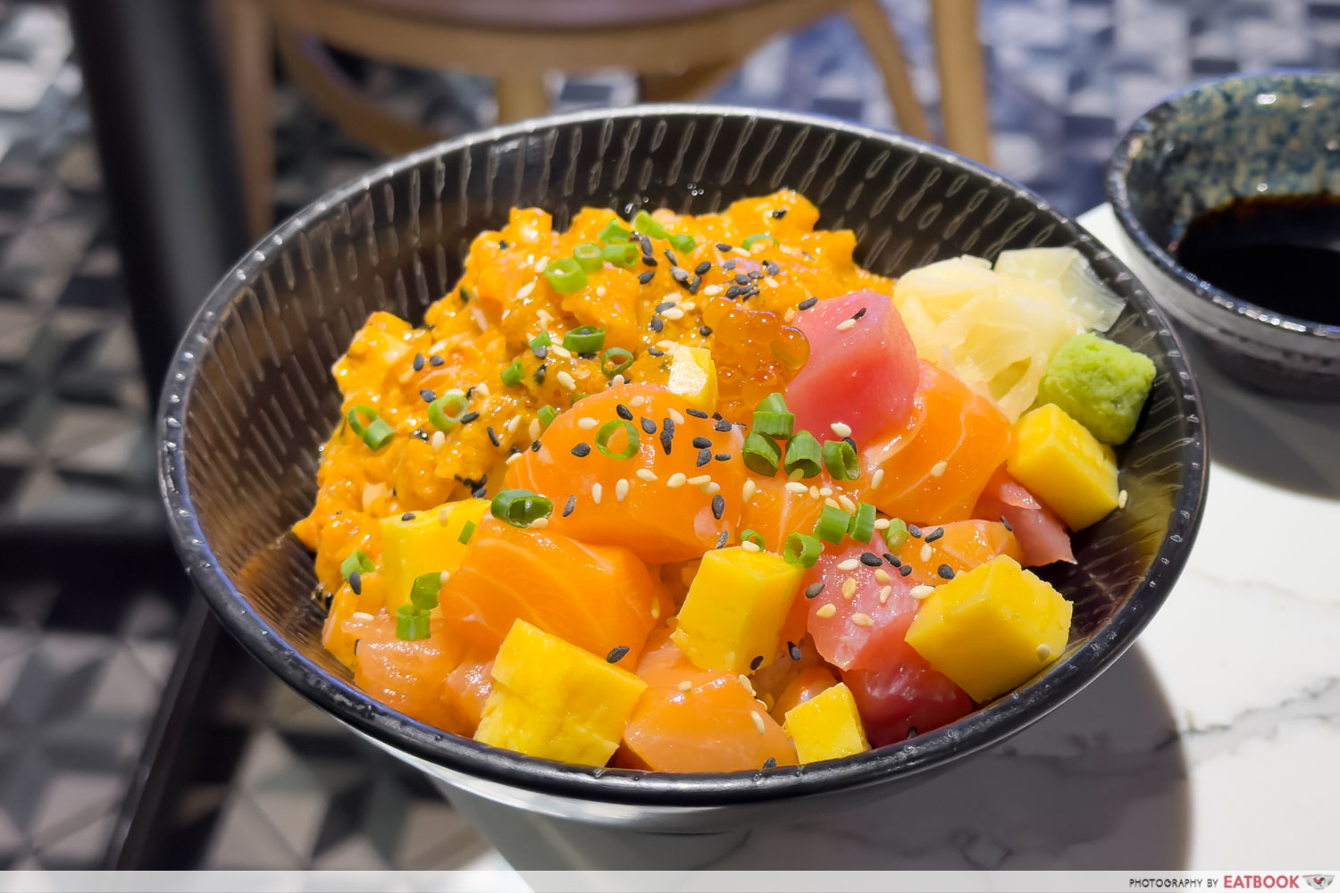 oyster bank - half bara chirashi half spicy salmon don