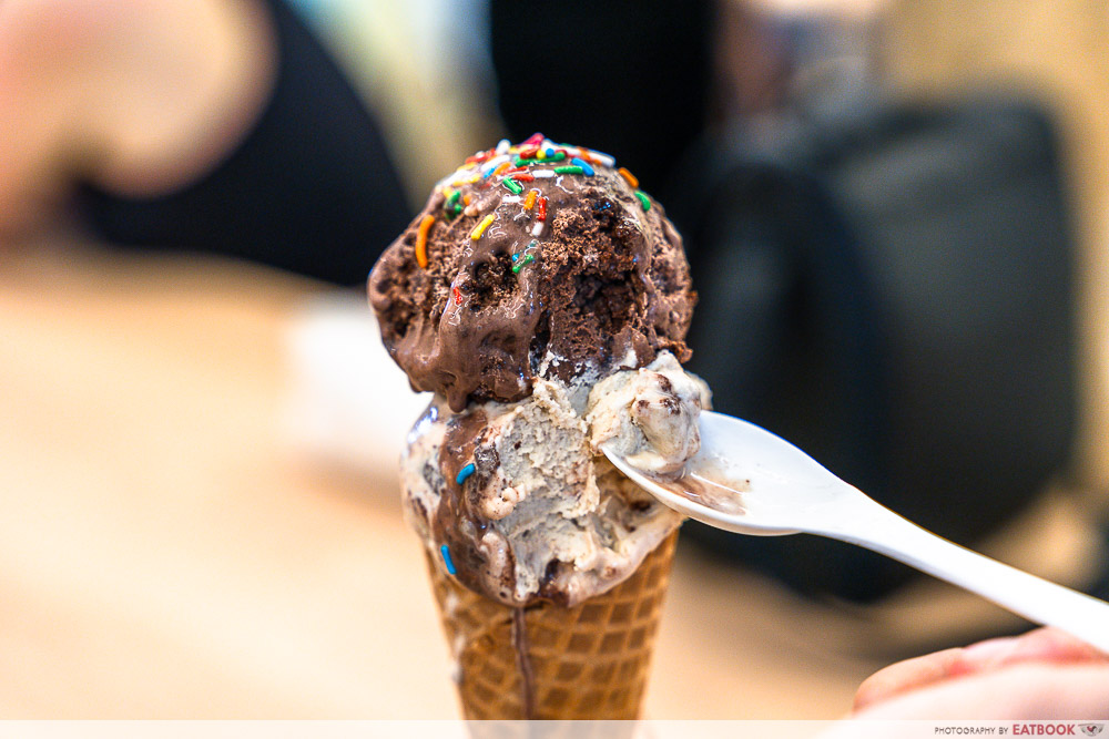 van leeuwen ice cream - chocolate fudge brownie, brown sugar cookie dough chunk closeup