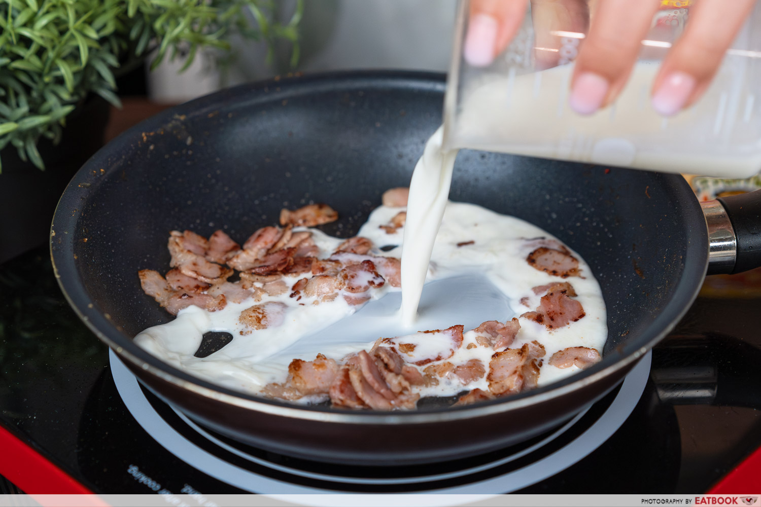 nissin ufo hacks - adding milk to pan