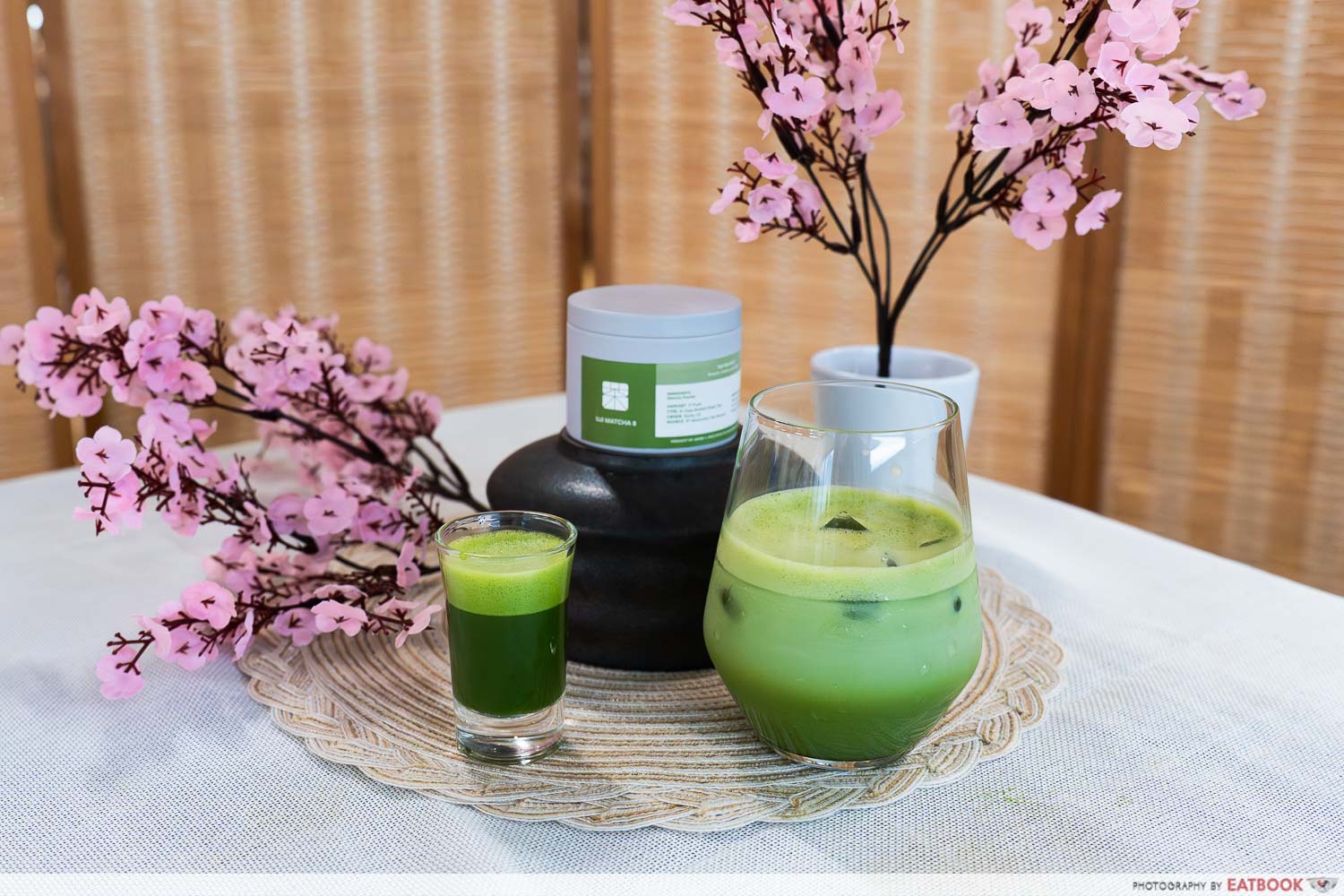 matchaya tin can with matcha lattes