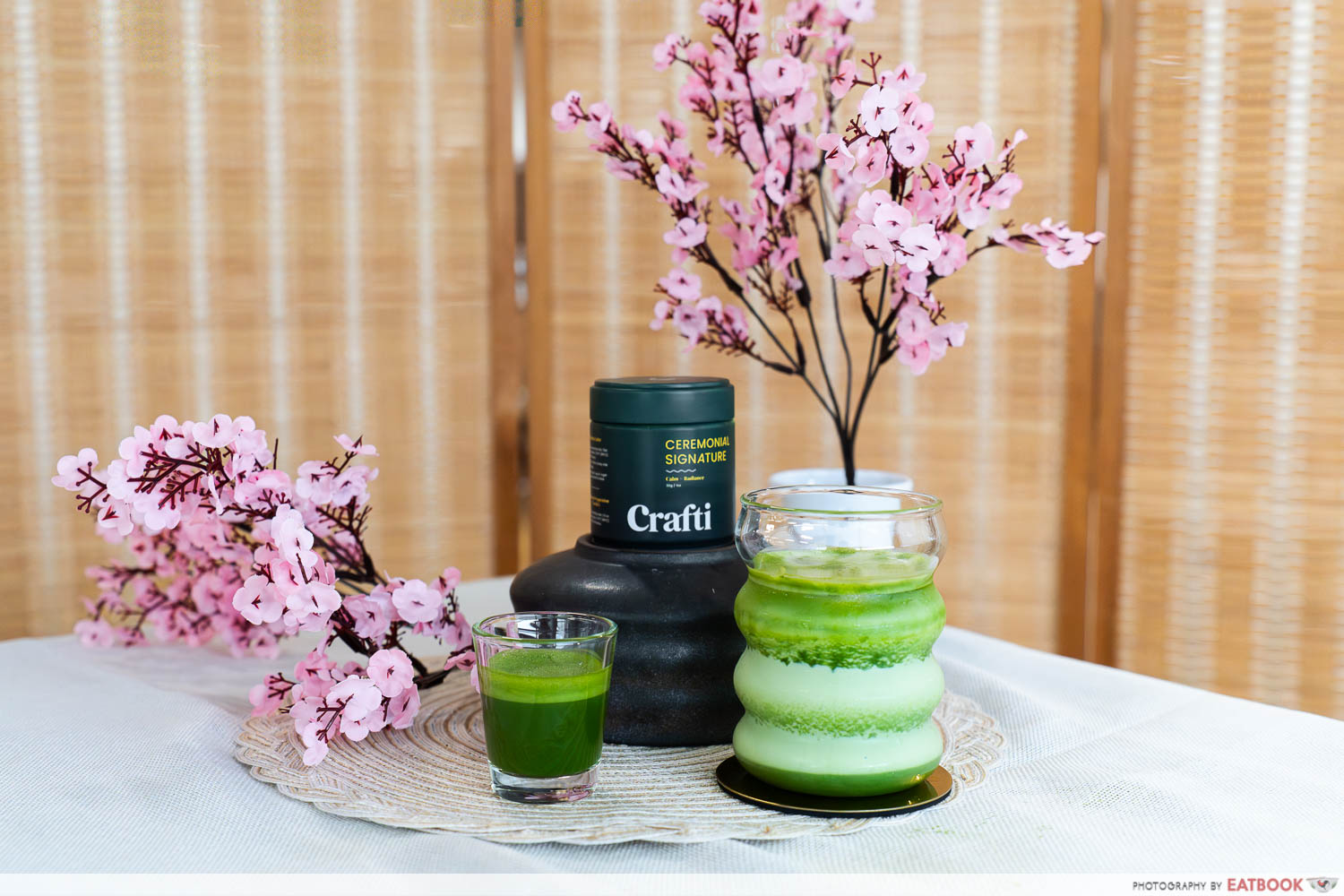 crafti matcha tin with matcha latte and usucha
