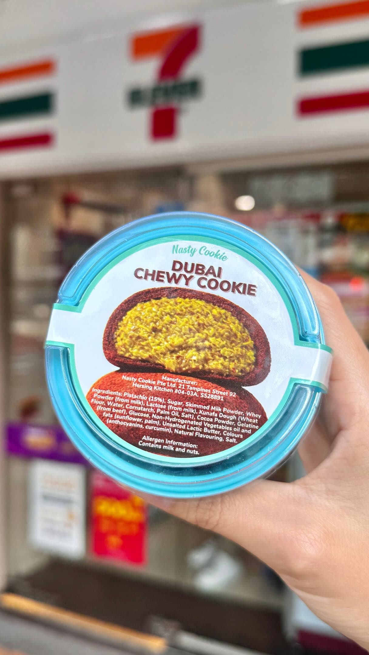dubai chewy cookie in front of 7-eleven