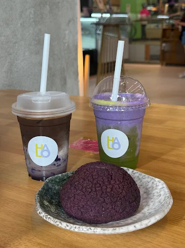 halo ube and matcha - taro matcha latte